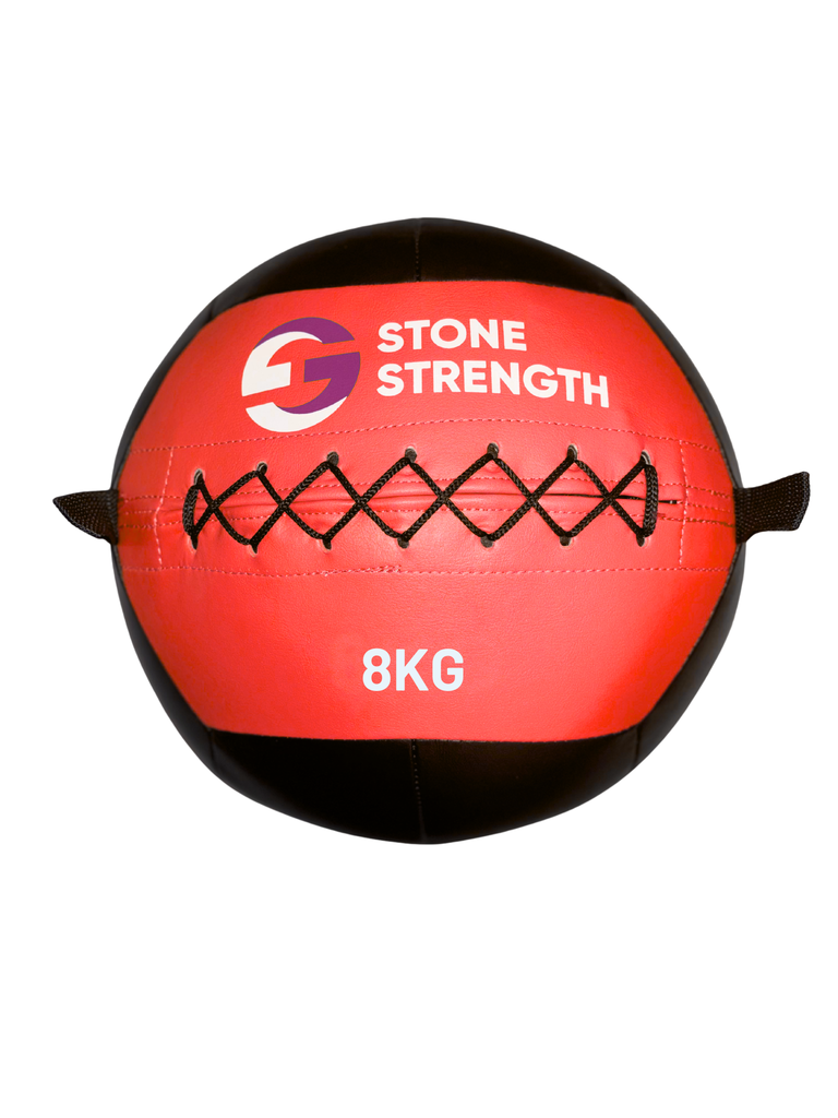 Red and black weighted ball with 'Stone Strength' branding on a white background