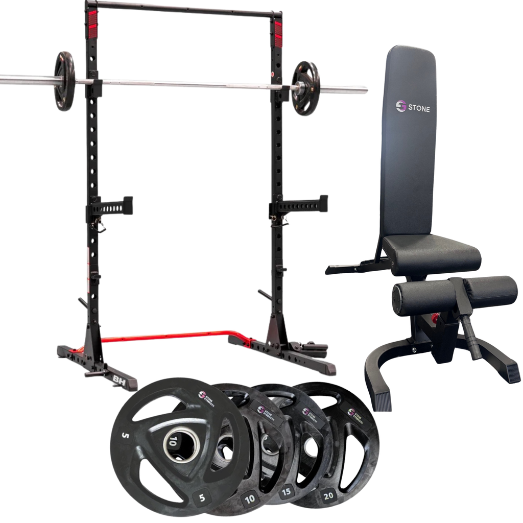 Weightlifting setup with squat rack, bench, and weight plates on a white background