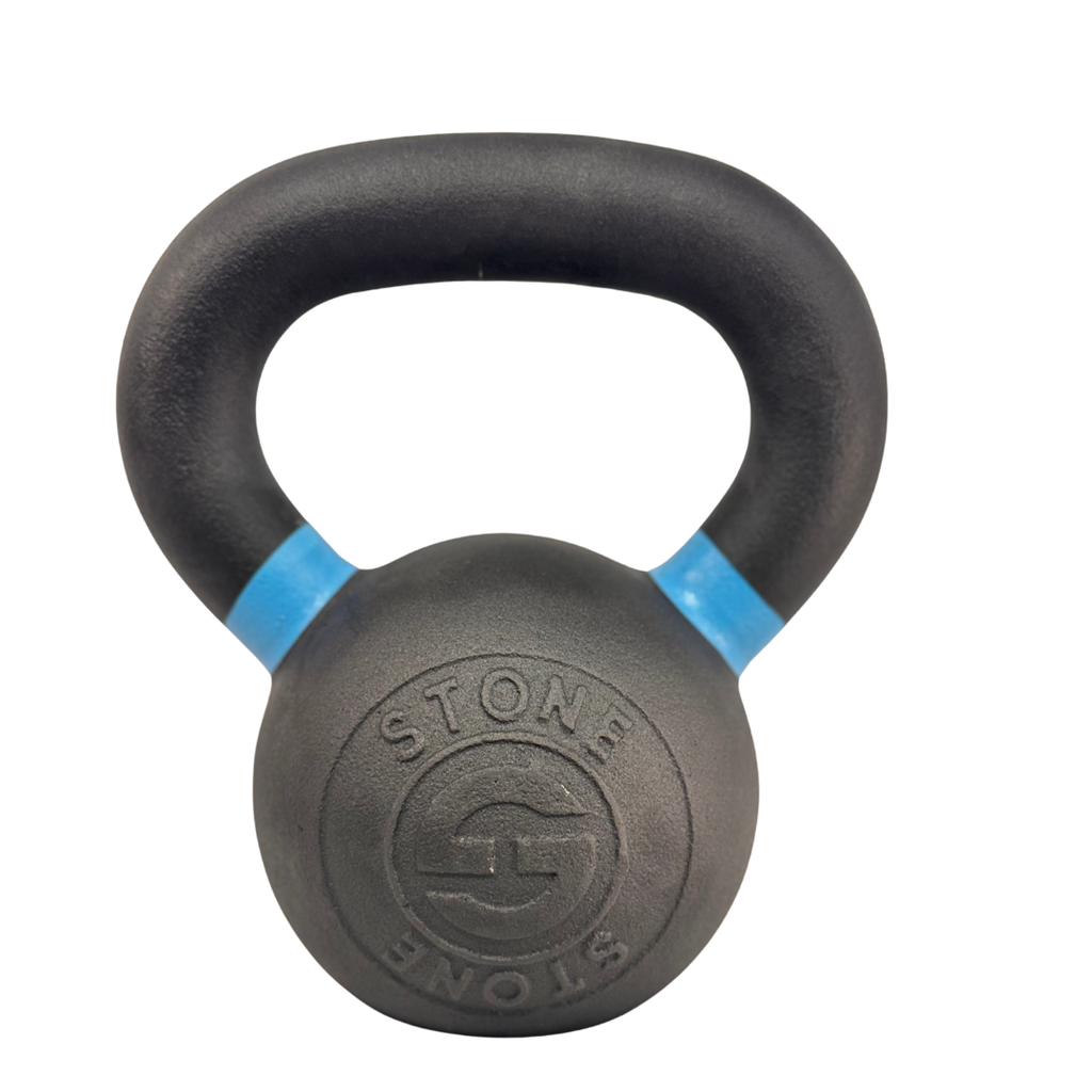 Black kettlebell with blue accents on a white background