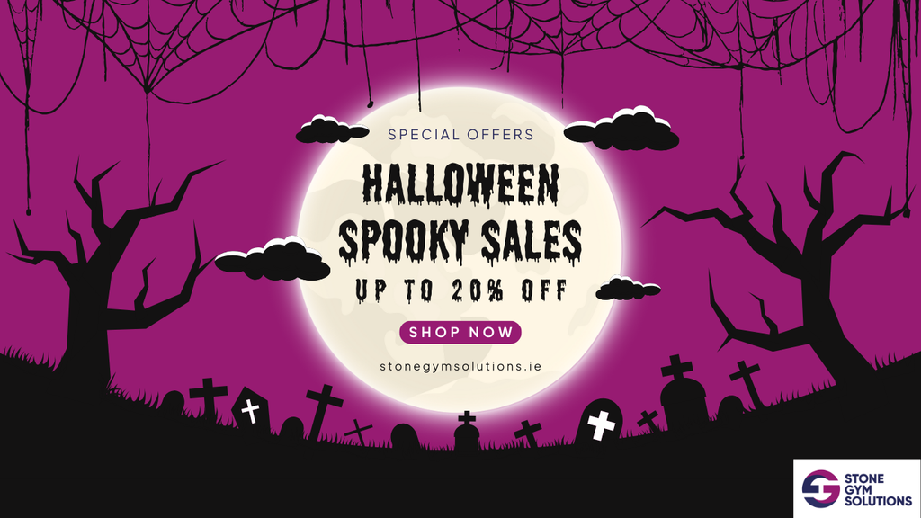 Halloween promotional banner with spooky sales text on a purple background