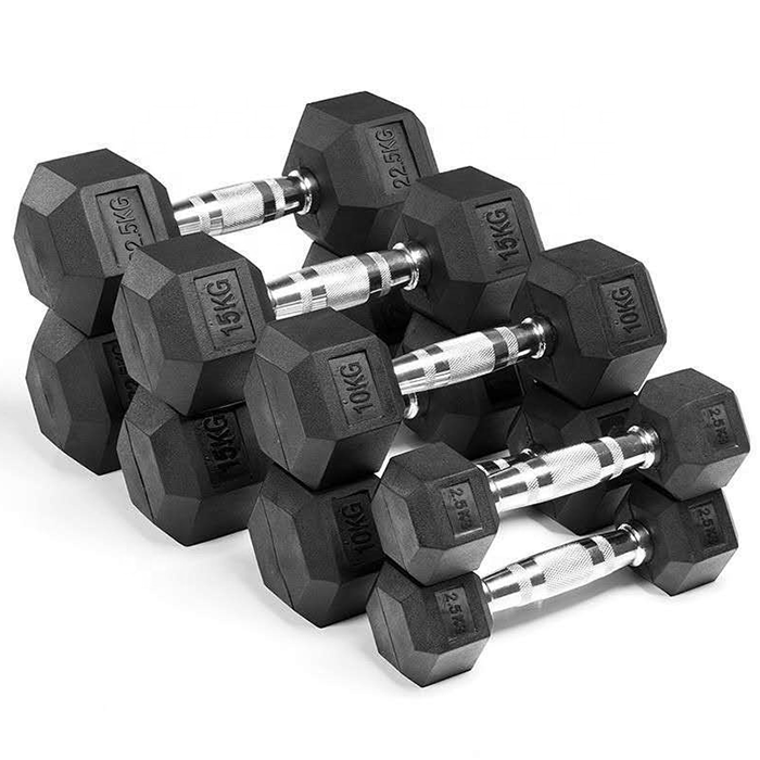 A set of black rubber hex dumbbells with chrome plated handles, organized in pairs by increasing weight.